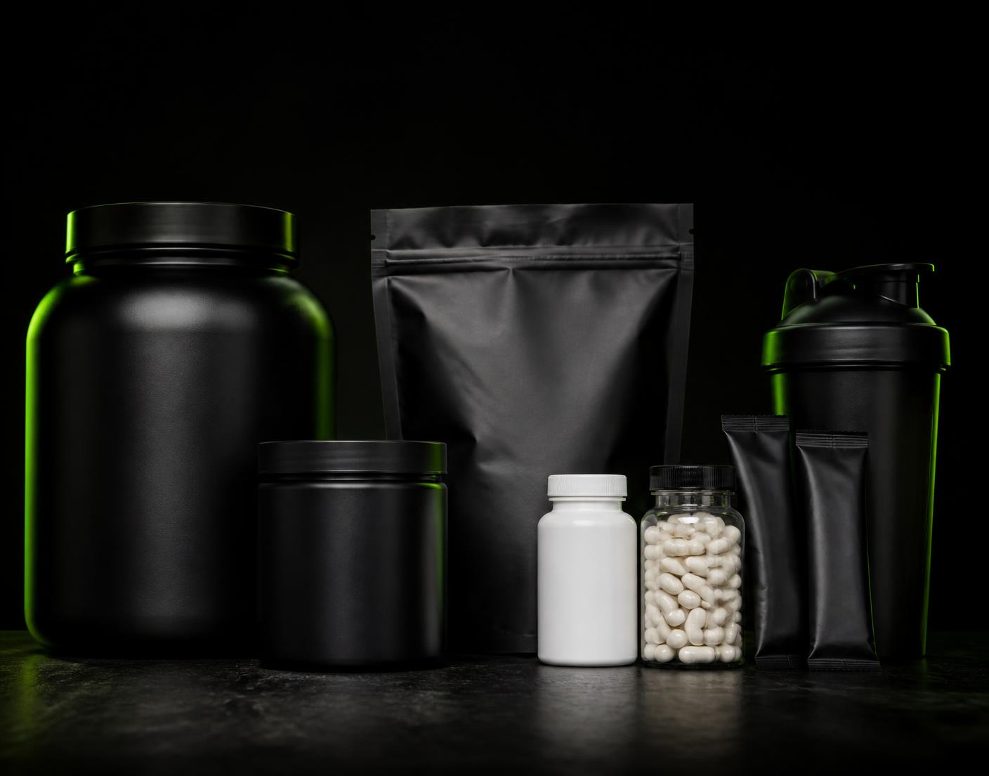 Envases neutros de suplementación deportiva: bote de proteína, doypack, cápsulas, sticks y shaker sobre fondo oscuro